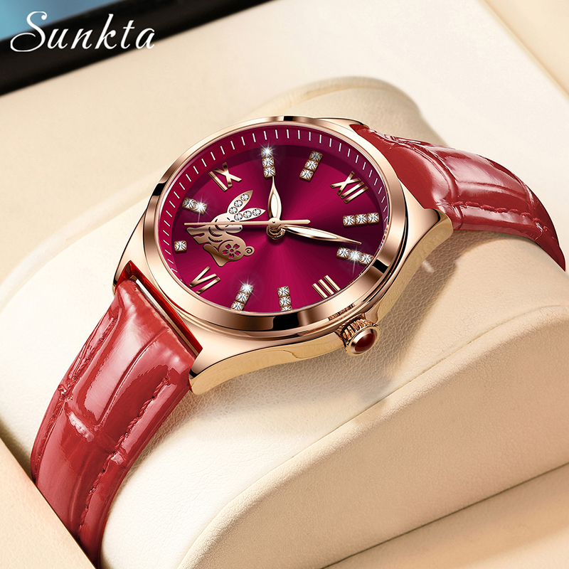 Luxury Ceramic Watch - SUNKTA New Fashion Red Leather Watch
